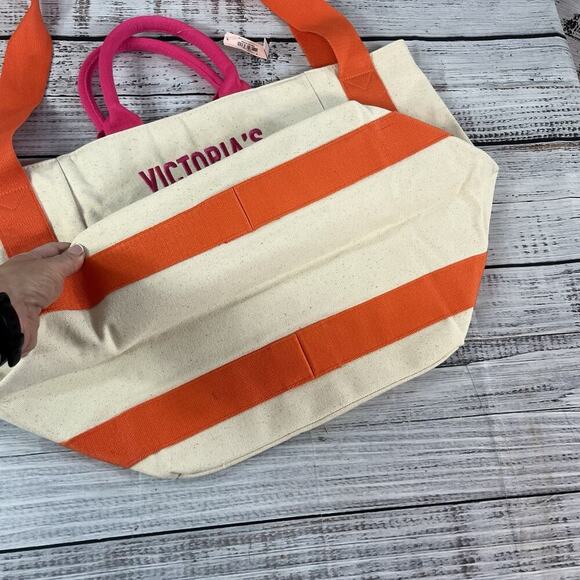 Victoria's Secret Tote Beach Bag Pink Orange Canvas Large Carryall Shoulder - Picture 6 of 8